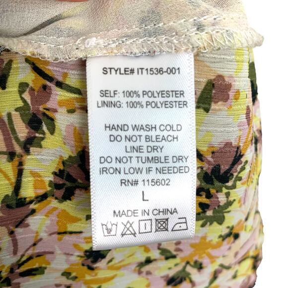 ALL IN FAVOR Women's L Yellow Purple Floral Pintuck Ruffle Cuff Blouse - Picture 7 of 8